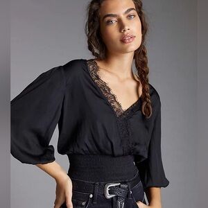 NWT Anthropologie Dolan Black Silky Lace Blouse Puff Sleeve Size Small